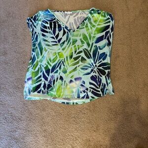 Venus Women's V-Neck Leaf Print  Top in Blue & Green